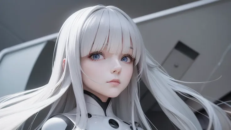 :03:47 high quality、An android woman in a white suit with long white hair looking up with a blank look、pull、The background is a solid grey color、ruins、robot、tank、war、Killing each other、Blood