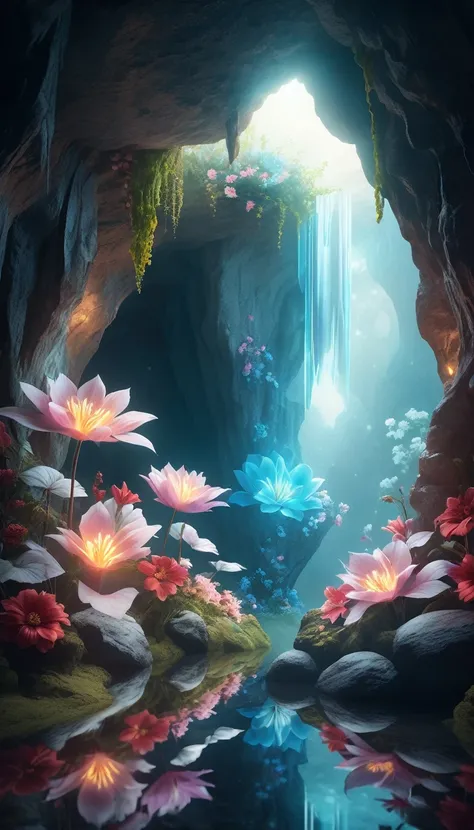 a mystical cave, a mirror reflecting a beautiful blooming flower, ethereal lighting, surreal, (best quality,4k,8k,highres,masterpiece:1.2),ultra-detailed,(realistic,photorealistic,photo-realistic:1.37),intricate details,dramatic lighting,moody atmosphere,f...