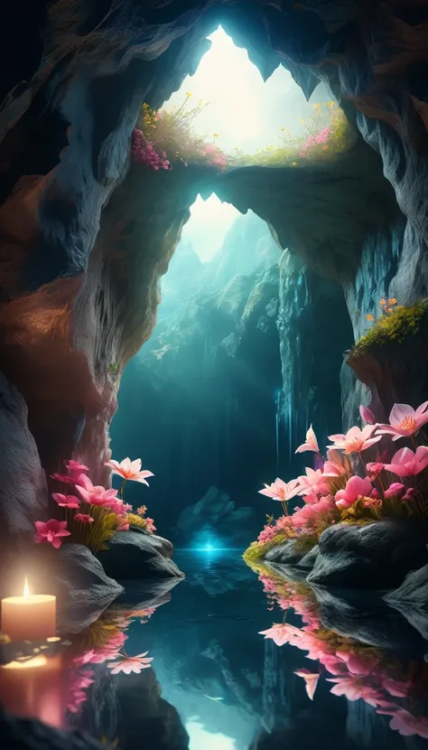 a mystical cave, a mirror reflecting a beautiful blooming flower, ethereal lighting, surreal, (best quality,4k,8k,highres,masterpiece:1.2),ultra-detailed,(realistic,photorealistic,photo-realistic:1.37),intricate details,dramatic lighting,moody atmosphere,f...