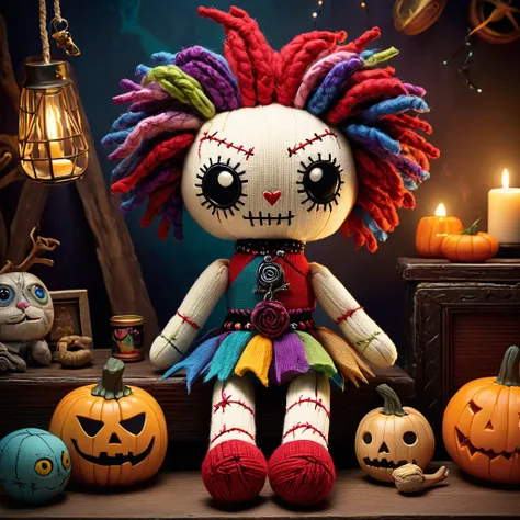 (knitted toy voodoo doll:1.5), (Voodoo caring for magical creatures:1.3), (Clothing: casual outfit with creature patterns:1.0), (Accessories: enchanted pet food, glowing creature habitats, mystical care tools:1.2), (background: cozy room with animated magi...