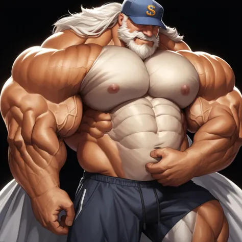 huge muscular old man , black background , wearing baseball hat, happy, pectoral, thick arms, huge pectoral,, bigger pec, bigger pectoral, hyper pec, hyper pectoral, extremely huge pectoral, wide pectoral, white hair, white beards,  masterpiece, semirealis...