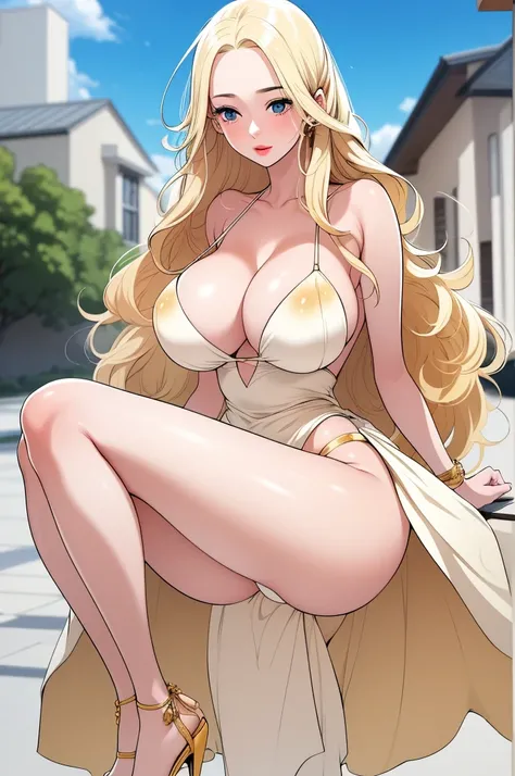 An extremely beautiful stunning busty woman, with gold blonde long silky hair, big blue eyes, extremely super bright snow white fair stunning flawless glowing lush shiny flawless white skin, a perfect tight hourglass figure, and a skinny waist, sexy thick ...