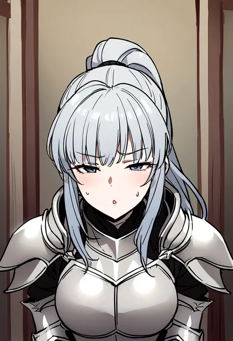 Beautiful girl knight in armor, Gray Hair, tsurime, fantastic, Face your body forward like a certificate photo, shoot from front, Ponytail, Armor Girl, beautiful female knight, Female Paladin, pale blue eyes, narrowed eyes squint, Talking mouth