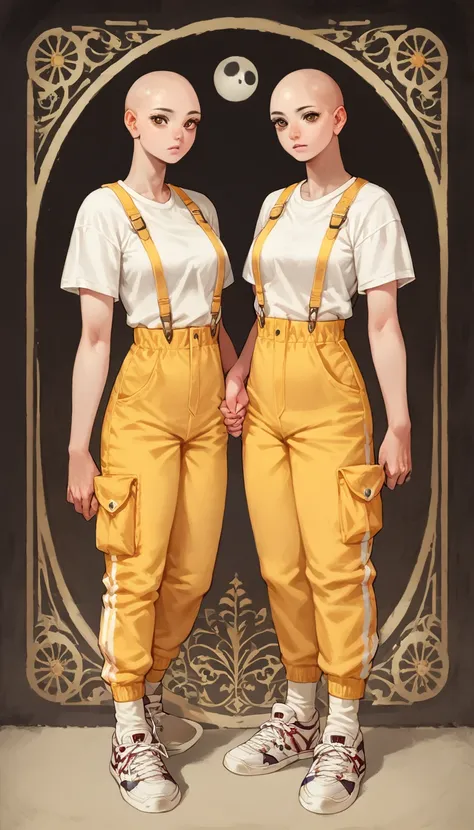 score_9, score_8_up, score_7_up, score_6_up, score_5_up, score_4_up, 
2others, female, (twins:1.2), (holding hands) , bald head, detailed eyes, eyelashes, frills, (T-shirt, jumpsuit, suspenders, knee socks, sneakers),
Full body standing painting, (((solo))...