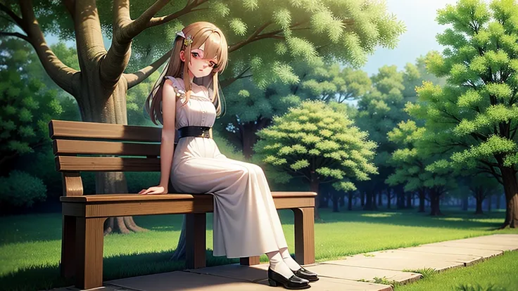 ((Highest quality)), ((masterpiece)), (detailed),(High resolution:1.2)、Woman sitting on bench reading book、in the forest、Long skirt、The leaves of the tree are shining in the rays of the sun、4K