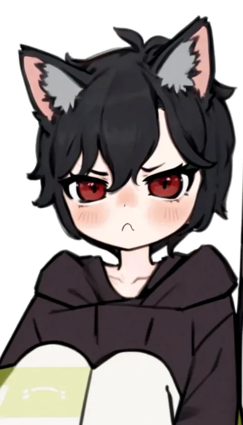 A cute anime boy with black hair and sleepy red eyes and a angry bored face with cat ears sitting in a box , showing him from above