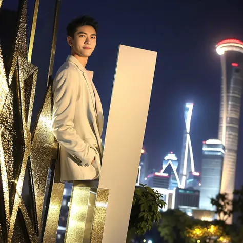 Masterpiece, best quality, height, Ultra high resolution,TRUE, photoTRUEistic,young man,handsome face,evening,natural light,look at viewer,outdoor,full body,smile,round face,short hair,Eye details,Shanghai city road,night scenery