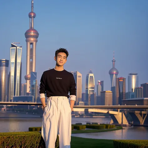 Masterpiece, best quality, height, Ultra high resolution,TRUE, photoTRUEistic,young man,handsome face,evening,natural light,look at viewer,outdoor,full body,smile,round face,short hair,Eye details,Shanghai city road,night scenery