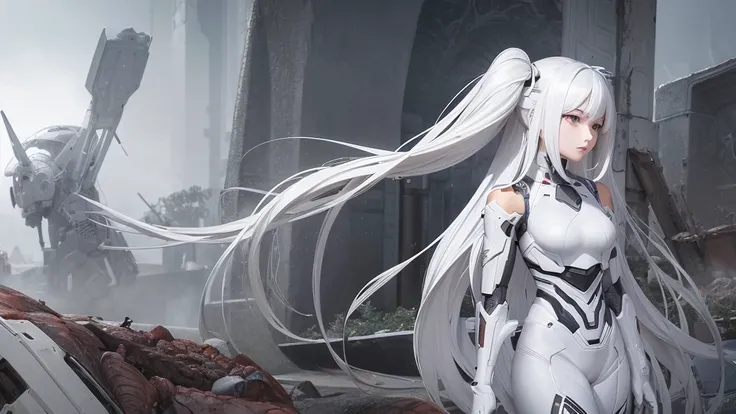 high quality、An android woman in a white suit with long white hair looking up with a blank look、Pull to the right、The background is a solid grey color、ruins、robot、tank、war、Killing each other、Blood