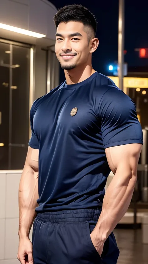 korea male , big muscles, handsome, cool, smoothly combed hair, pierced ears, wearing a t-shirt navy top, holding a lollipop, portraiture, modeling, dynamic pose, Japanese street, late at night, store lights trade, full half body shot, kind_smile,  ,(open ...