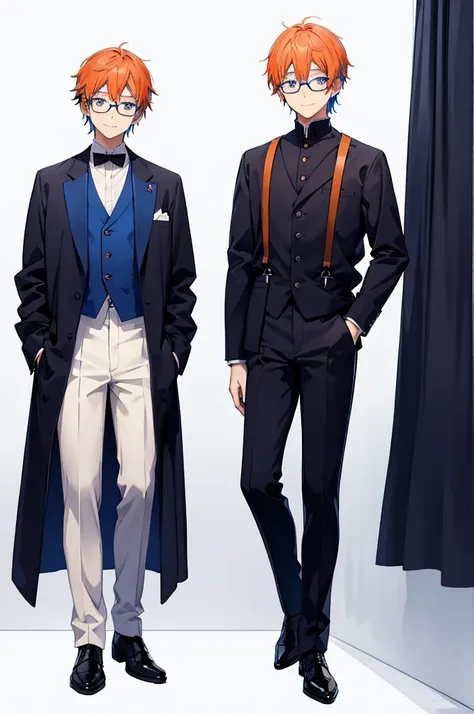 White background、Japan anime illustrations、Adult male、Anime Male、Blue and orange hair、Indigo eyes、Smiling man、Wearing thin glasses、Small earrings、Black suit、suspenders、Brown leather shoean standing and smiling、Man standing facing forward