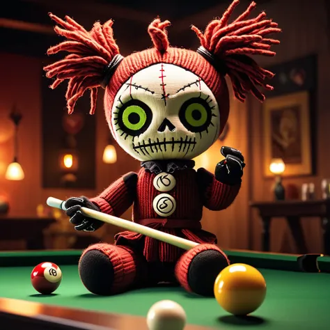 (knitted toy voodoo doll:1.5), (Voodoo playing magical billiards:1.3), (Clothing: casual outfit with billiard patterns:1.0), (Accessories: enchanted cue stick, glowing billiard balls, mystical trick shot guide:1.2), (background: cozy game room with animate...