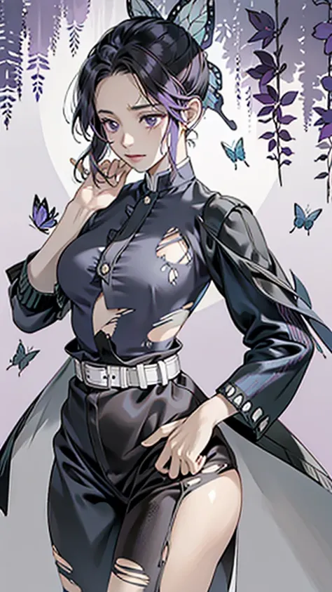 Realistic, High resolution, Soft Light,1 Female, alone, Hip Up, (Detailed face), we (one piece), tattoo, jewelry,kochou shinobu,Multicolored Hair,No bangs,Hair Intake,Purple eyes,amount,Black Shirt,Black trousers,Haori,butterfly,button,belt, knife, ((torn ...