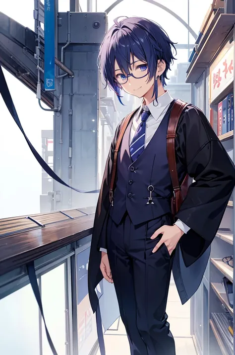 White background、Japan anime illustrations、Adult male、Anime Male、Indigo Hair、橙色のインナーカラーが入っているIndigo Hair、Indigo eyes、Smiling man、Wearing thin glasses、Small earrings、Black suit、suspenders、Brown leather shoean standing and smiling、Man standing facing forward