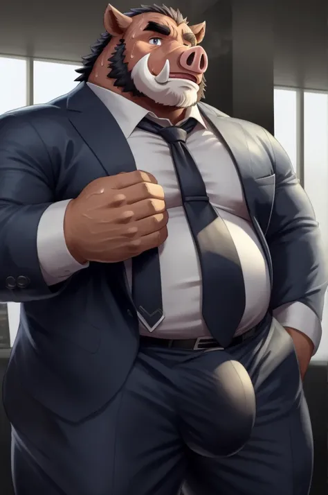 Author: bontiage, (1 boy), One, boar, tusks, beard, pig nose, overweight male, obese, big bulge crotch, boner, (sweat:1.6), Business suit, Mens Second, kemono, hot body, muscle, Beautiful, sexual, Attractive guy, (Detailed black eyes), brows, (masterpiece,...