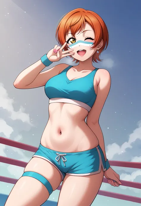 Masterpiece, sksrin, beautiful , facial details, 8k wallpaper, Rin Hoshizora Love Live, short hair, white gym bra, micro shorts , wrestling outfit,(lipstick:0.8), (face paint:1.2),Fascinated by her beauty ,wink, moist skin,thin waist ,short girl, skindenta...