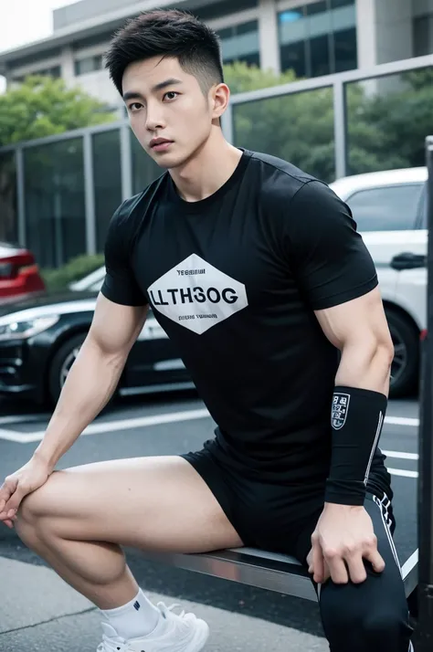 Korean man, Inspiration from Peng Yuyan, 30 years old, 236 years old, Cute Korean Face, 35 yo, 33 year old Korean muscular man，Gym in the background, black t-shirt