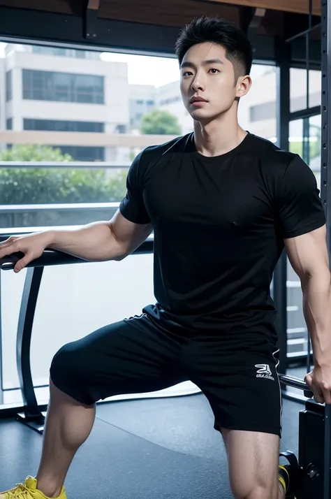 Korean man, Inspiration from Peng Yuyan, 30 years old, 236 years old, Cute Korean Face, 35 yo, 33 year old Korean muscular man，Gym in the background, black t-shirt