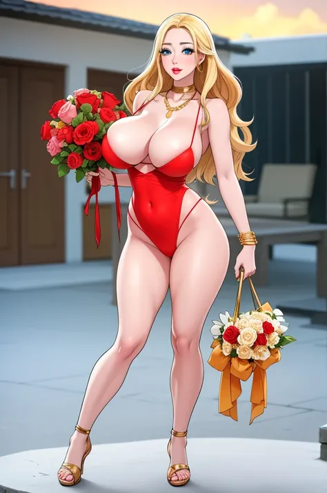 An extremely beautiful stunning busty woman, with gold blonde long silky hair, big blue eyes, extremely super bright snow white fair stunning flawless glowing lush shiny flawless white skin, a perfect tight hourglass figure, and a skinny waist, sexy thick ...