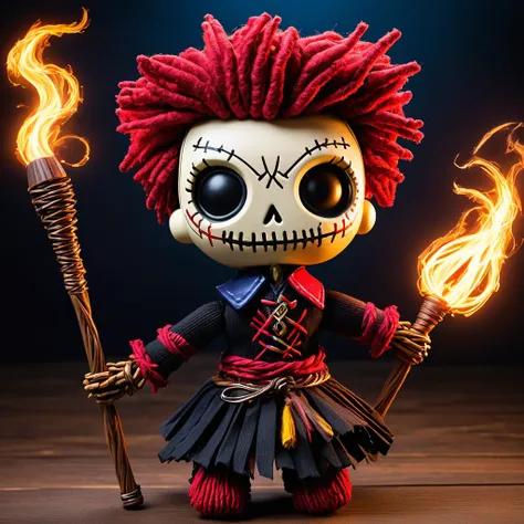 (knitted toy voodoo doll:1.5), (Voodoo mastering magical duels on broomsticks:1.3), (Clothing: duelist outfit with magical duel patterns:1.0), (Accessories: enchanted broomstick, glowing spell shields, mystical aerial combat techniques:1.2), (background: e...