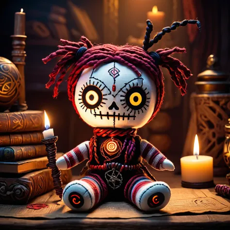 (knitted toy voodoo doll:1.5), (Voodoo uncovering a magical arcane mystery:1.3), (Clothing: adventurer outfit with arcane symbols:1.0), (Accessories: enchanted arcane tome, glowing arcane runes, mystical ancient artifacts:1.2), (background: mystical chambe...