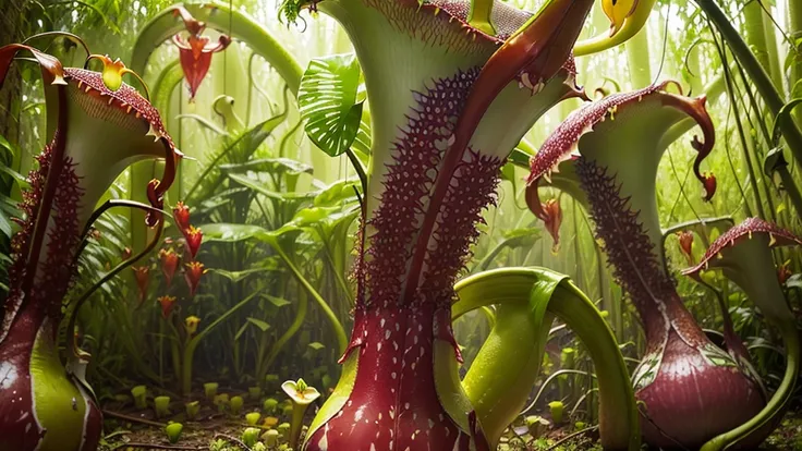 (tropical pitcher plants :1.5),with a large mouth and sharp teeth.,in the forest, landscape:1.5