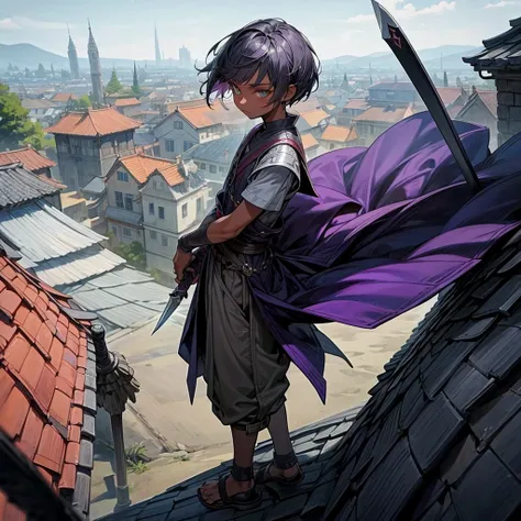 1little boy, Full body version, 1character, coral eyes color, dark skin, long Pixie cut hairstyle, small eyes type, violet colour hair, Assassin clothing style, gray color clothing, Ancient greek sandals, two dagger knife silver in two hand, armor vest, Gr...