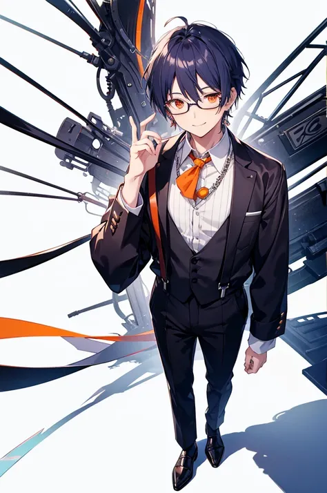 White background、Japan anime illustrations、Adult male、Anime Male、Indigo hair with orange inner condigo eyes、Smiling man、Wearing thin glasses、Small earrings、Black suit、suspenders、Brown leather shoean standing and smiling、Man standing facing forward、Bolo tie