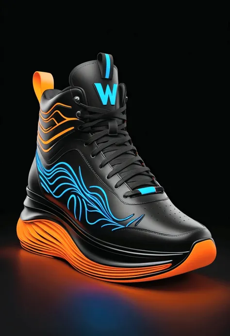 A mesmerizing digital illustration of Wolf of Flows sneakers, rendered in a sleek band logo text style, adorned with vibrant neon X waves logo accents, set against a bold, glossy solid black background that accentuates the shoes futuristic design. The aest...