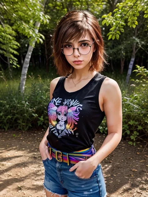 Best quality, Ultra high resolution, (Photorealistic:1.4), (masterpiece, Best quality:1.2), 1 young tomboy girl, 22, rat, athlete, LGBTQ+, hippie, One, Russian chubby brown-eyed girl in glasses with aesthetic small breasts and beautiful erect nipples, roun...