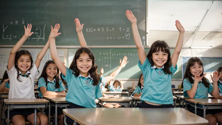 there are many children sitting at desks in a classroom raising their hands, hands raised, raised hands, happy kid, in a school classroom, school class, standing in class, in a classroom, raised hand, sitting in the classroom, hands in the air, waving and ...