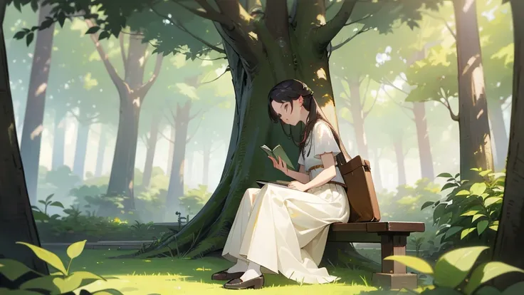 ((Highest quality)), ((masterpiece)), (detailed),(High resolution:1.2)、Woman sitting on bench reading book、in the forest、Long skirt、The leaves of the tree are shining in the rays of the sun、4K