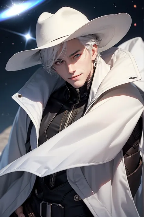 handsome man, short hair, white hair, cowboy hat, galaxy, hazel eyes, sexy pose, devilish smile, ultra-data lighting effects, looks towards camera, leaning forward.