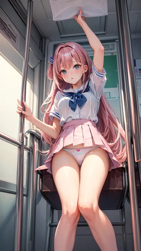 (masterpiece, highest quality, ultra high res, ultra detailed:1.3), 1 cute girl, ideal ratio body proportions, pink medium hair, sitting on long chair, in train, outstretched legs, (white panties visible:1.4), school girl uniform, blue pleated mini skirt, ...