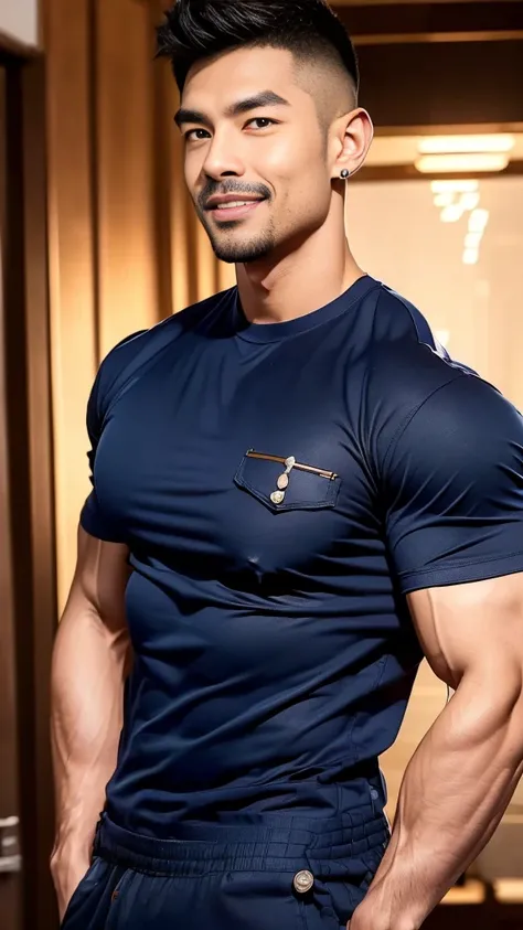 korea male , big muscles, handsome, cool, smoothly combed hair, pierced ears, wearing a t-shirt navy top, holding a lollipop, portraiture, modeling, dynamic pose, Japanese street, late at night, store lights trade, full half body shot, kind_smile,  ,(open ...