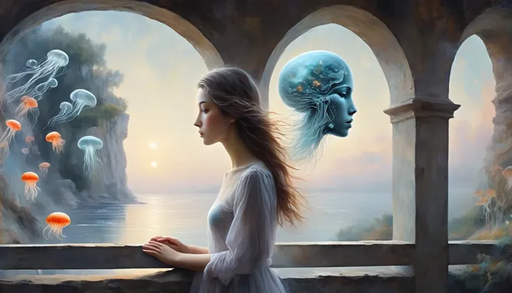 the scenery outside the window，looking out from the window，girl looking into the distance at the window，the faceless stone woman...