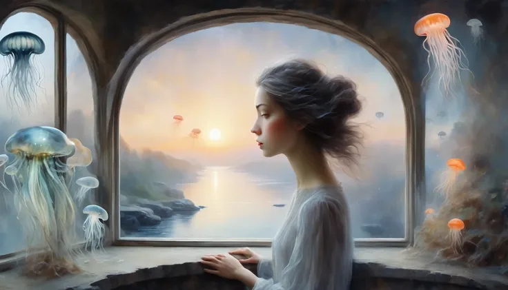 The scenery outside the window，Looking out from the window，Girl looking into the distance at the window，The Faceless Stone Woman on the Bridge，Handheld Light，Background with jellyfish, With the sky as a background, Bromes Art, Magic  artwork, super fine, F...