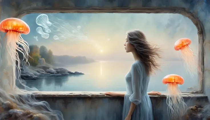 The scenery outside the window，Looking out from the window，Girl looking into the distance at the window，The Faceless Stone Woman on the Bridge，Handheld Light，Background with jellyfish, With the sky as a background, Bromes Art, Magic  artwork, super fine, F...