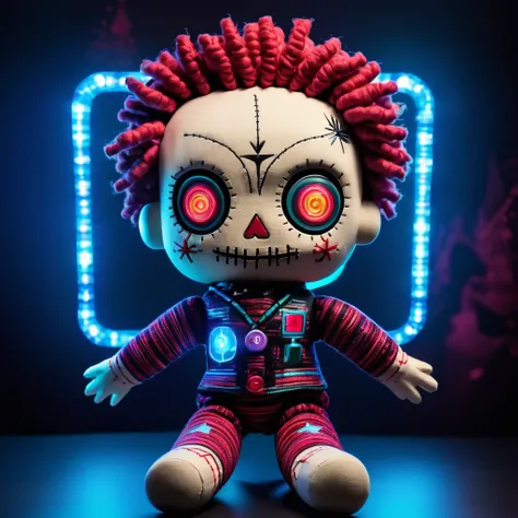 (knitted toy voodoo doll:1.7), (Voodoo creating magical holograms:1.3), (Clothing: casual outfit with hologram patterns:1.0), (Accessories: enchanted hologram projector, glowing holographic images, mystical control panel:1.2), (background: futuristic lab w...