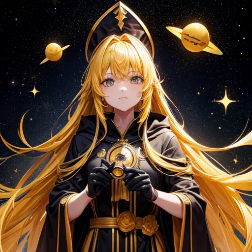  magician, Yellow long hair, Dark fantasy, Highly detailed yellow and black space robe, Space Wand