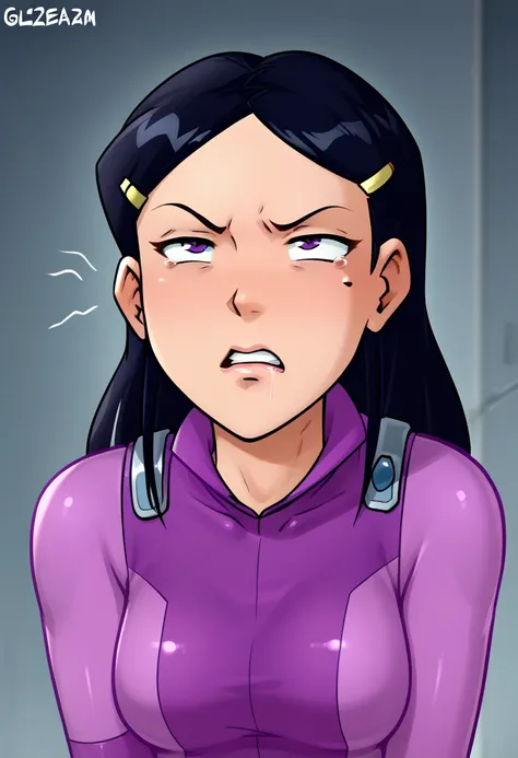 score_9, score_8_up, score_7_up, BREAK source_anime, 1girl, solo, mandy (totally spies), long hair, black hair, purple eyes, hairpin, purple bodysuit, belt, tired, face focus, winter , sex stream,sex setup,slut,choking deepthroat