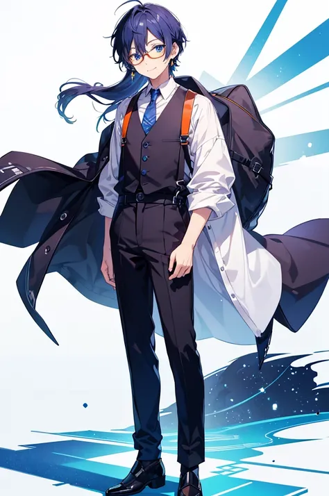 White background、Japan anime illustrations、Adult male、Anime Male、Indigo hair with orange inside、Blue eyes like the night sky、Smiling man、Wearing thin glasses、Small earrings、Black suit、suspenders、Brown leather shoean standing and smiling、Man standing facing...