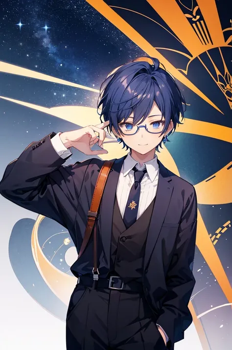 White background、Japan anime illustrations、Adult male、Anime Male、Indigo hair with orange inside、Blue eyes like the night sky、Smiling man、Wearing thin glasses、Small earrings、Black suit、suspenders、Brown leather shoean standing and smiling、Man standing facing...