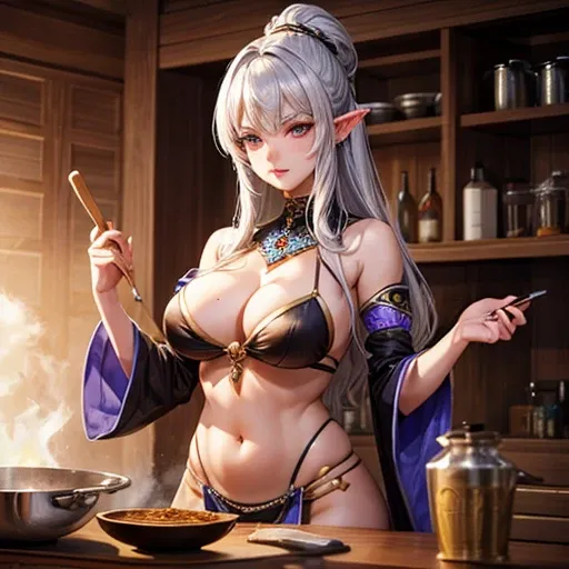 A silver-haired dark elf woman,Making spicy curry.　Showing your belly button　Indian traditional clothing