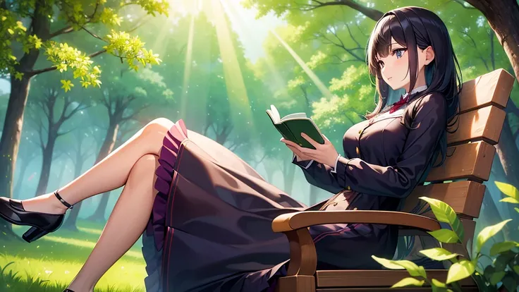 ((Highest quality)), ((masterpiece)), (detailed),(High resolution:1.2)、Woman sitting on bench reading book、in the forest、Long skirt、The leaves of the tree are shining in the rays of the sun、4K