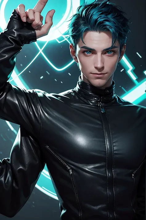 handsome man, short hair, blue hair, green eyes, sexy pose, devilish smile, ultra-data lighting effects, looks towards camera, leaning forward, black leather clothing.