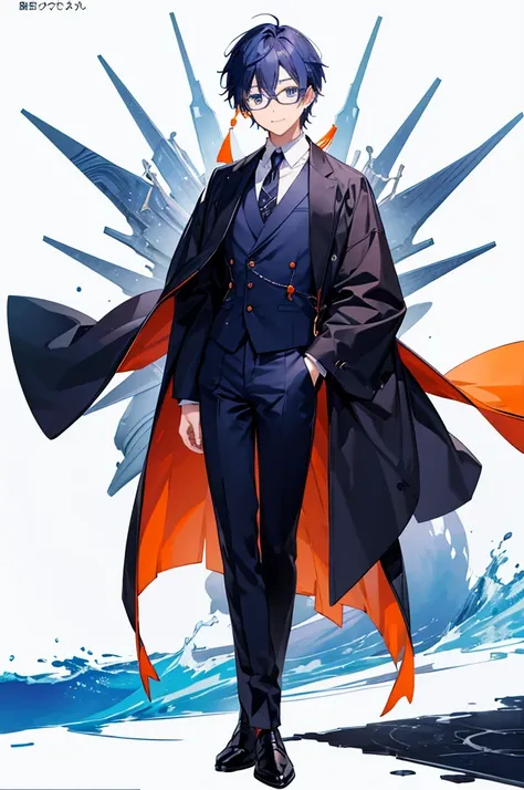 White background、Japan anime illustrations、Adult male、Anime Male、Indigo hair with orange inside、Blue eyes like the night sky、Smiling man、Wearing thin glasses、Small earrings、Black suit、suspenders、Brown leather shoean standing and smiling、Man standing facing...