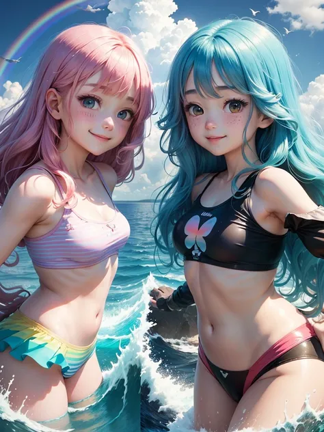 A wave rainbow of two girls. Anime. Two girls. Rainbow. Wave. Cloud. Perfect facial features. Ethereal aura. Playing. Birds. Side by side. Smile. Happy. rainbow wave. splash waterfall 