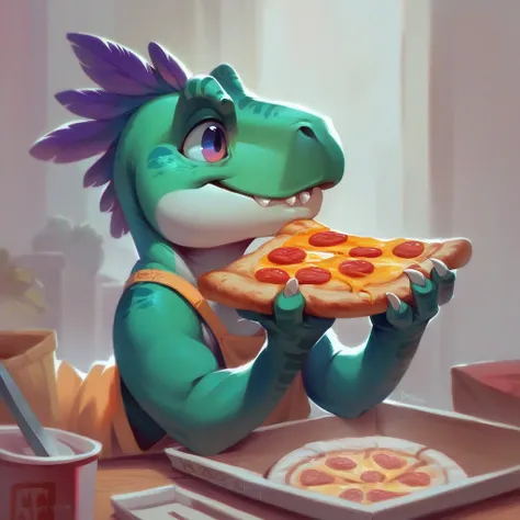 a cute t rex dinosaur holding a pizza