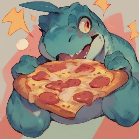 a cute t rex dinosaur holding a pizza